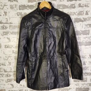 Worthington Genuine Leather Coat‎ Women Black Medium Full Zip Mid Length Moto